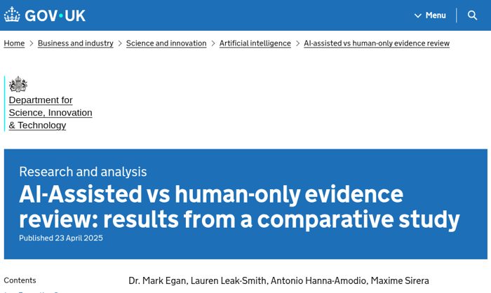 GOV.UK page for AI-assisted vs human-only evidence review